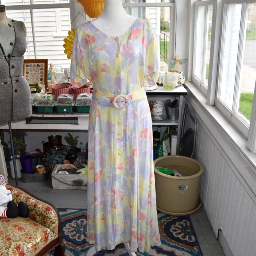 Vintage 90s Pastel Watercolor Floral Rayon Maxi Dress Belted Cottagecore Large